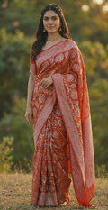 Radiant Red Jacquard Saree – Luxurious Weave & Festive Glow