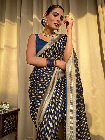 Luxurious Navy Blue Jacquard Saree – Elegant Woven Design for Festive & Party Wear