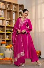 Pure Satori Silk Embroidered Rani Suit Set with Banarasi Silk Dupatta