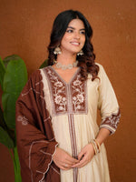 Elegant Cream Roman Silk Anarkali Kurti Set