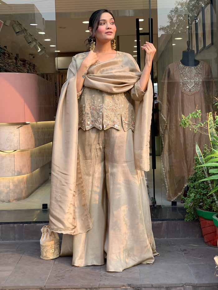 Champagne Embroidered Silk Palazzo Set