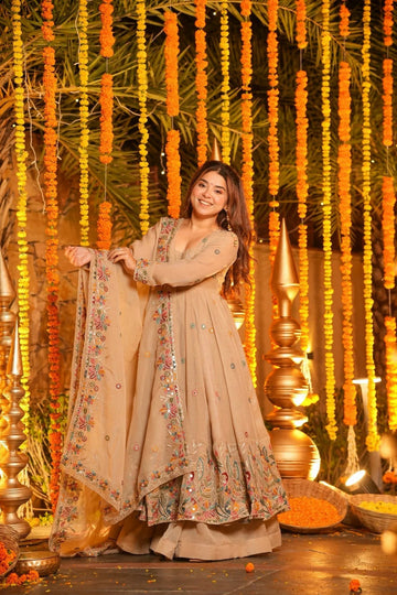 Beige Embroidered Anarkali Suit Set