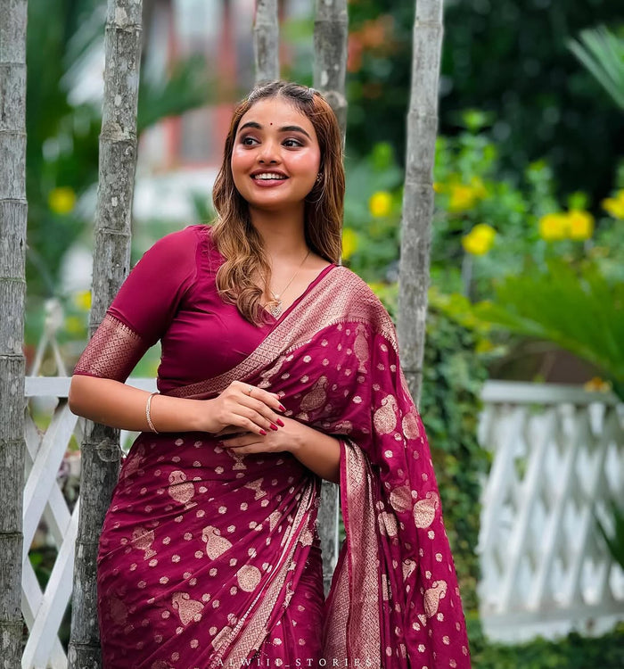 Royal Wine Jacquard Saree for Wedding, Festive & Party Wear