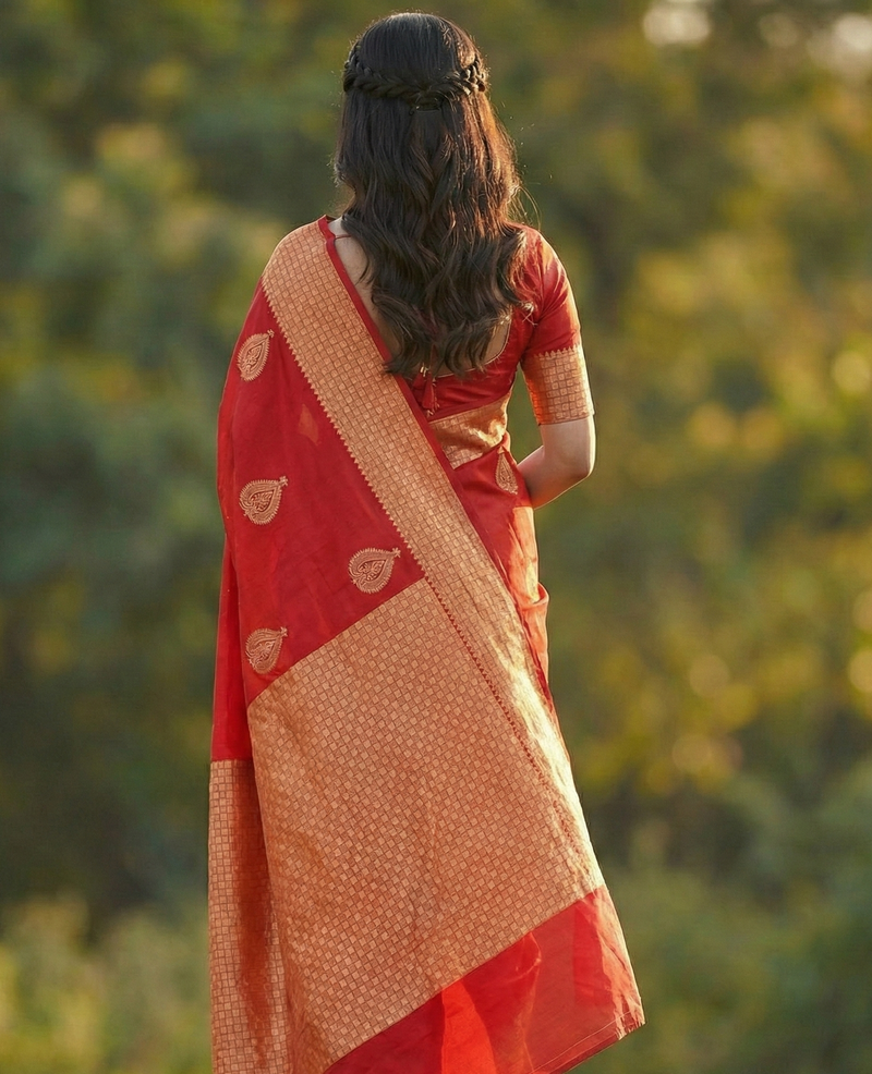 Radiant Red Jacquard Saree – Luxurious Woven Elegance for Festive & Bridal Moments