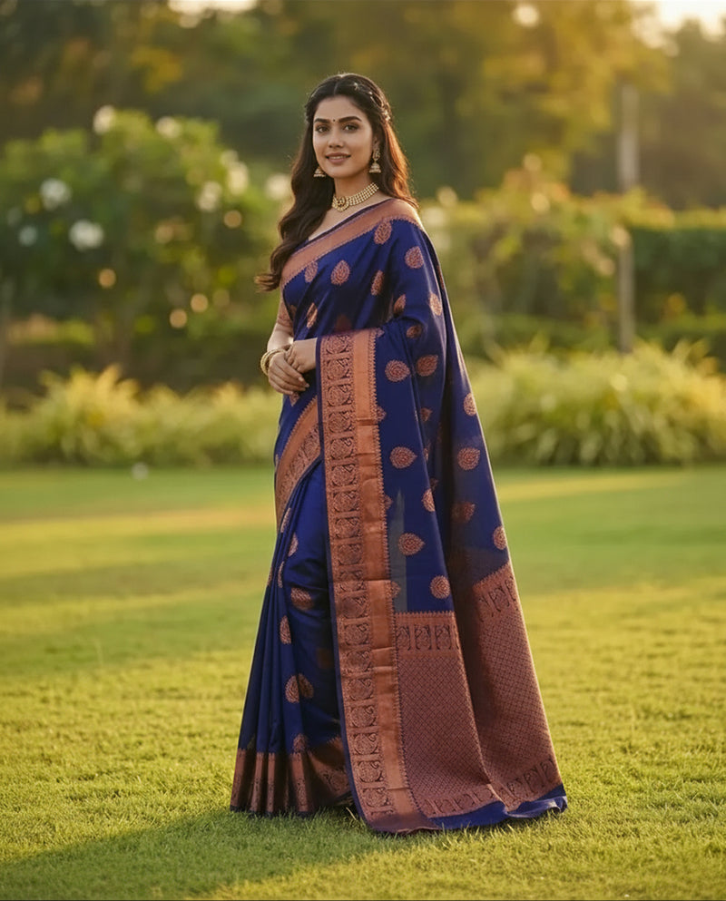 Deep Navy Blue Jacquard Silk Saree with Regal Woven Detailing | Festive & Evening Wear