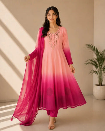 Pink & Magenta Embroidered Anarkali Suit Set