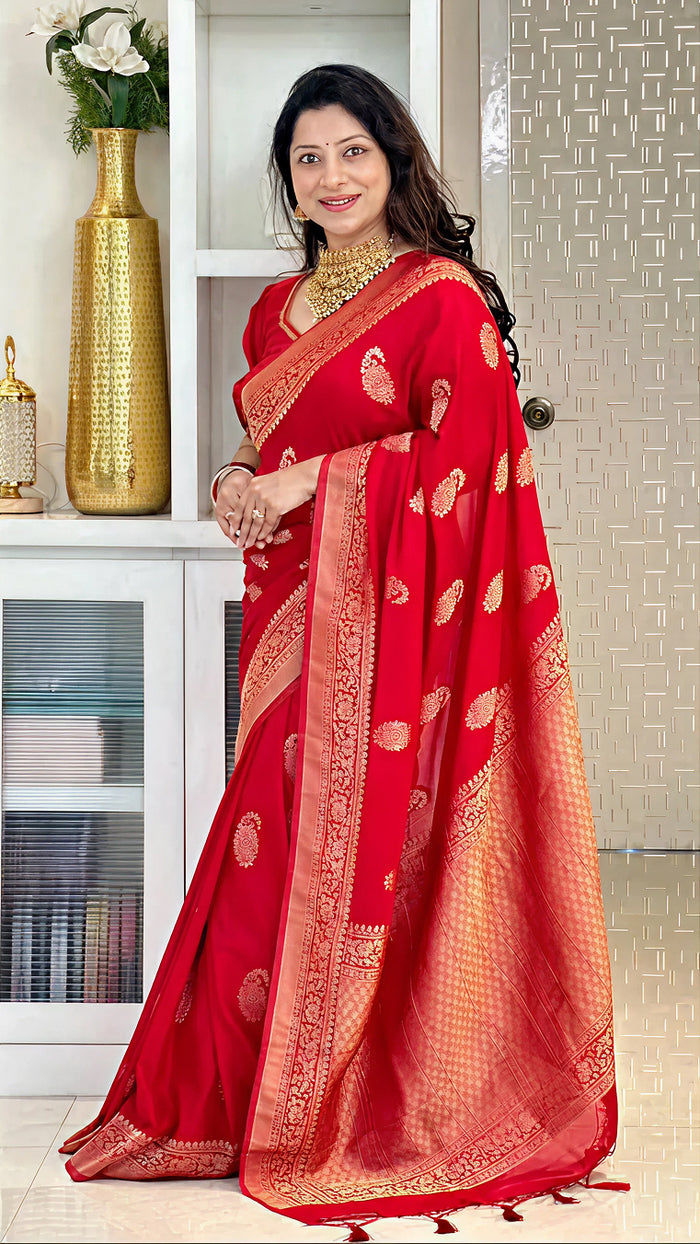 Timeless Red Jacquard Saree – Deluxe Woven Saree for Weddings, Festive Events & Parties