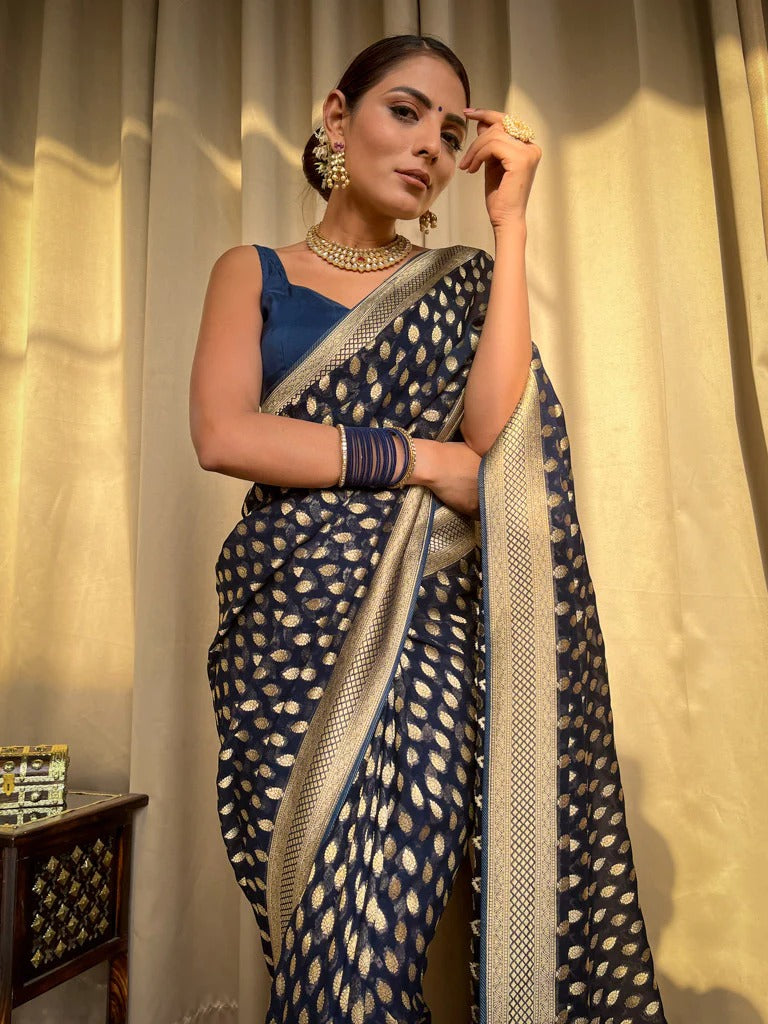 Luxurious Navy Blue Jacquard Saree