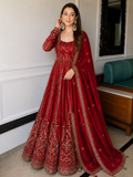 Red Crunchy Silk Embroidered Anarkali Gown Set