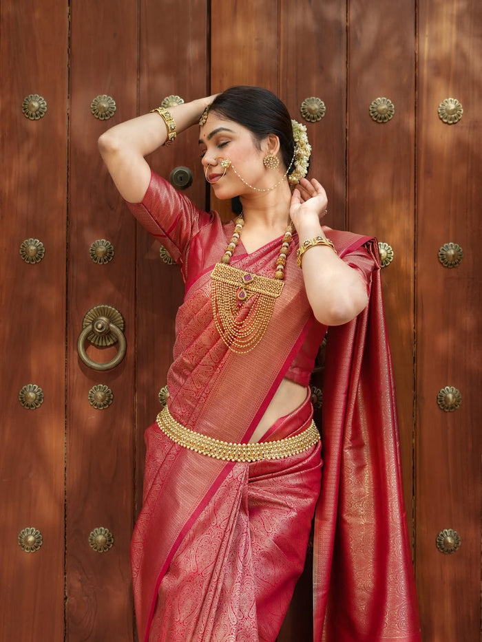 Elegant Red Jacquard Saree for Women | Rich Woven Design, Festive & Wedding Wear