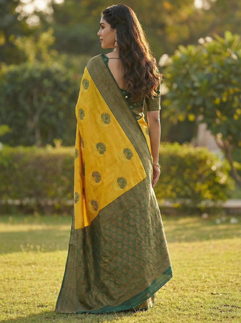 Yellow & Green Jacquard Silk Saree with Elegant Traditional Weaves