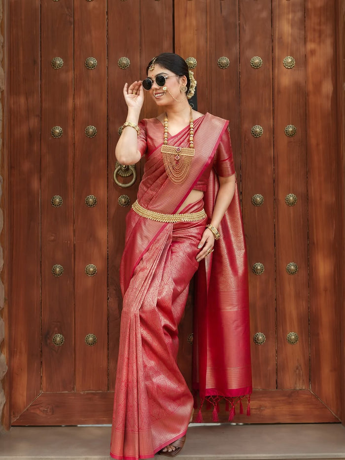 Elegant Red Jacquard Saree for Women | Rich Woven Design, Festive & Wedding Wear