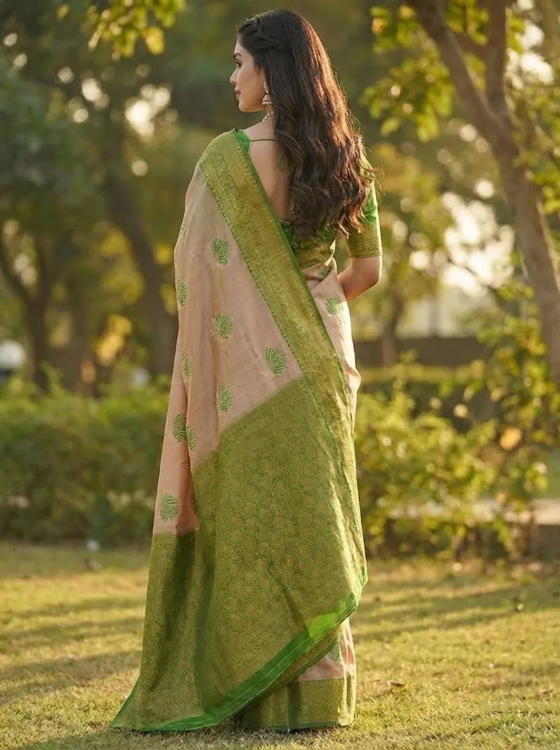 Peach Green Jacquard Silk Saree with Elegant Woven Detailing