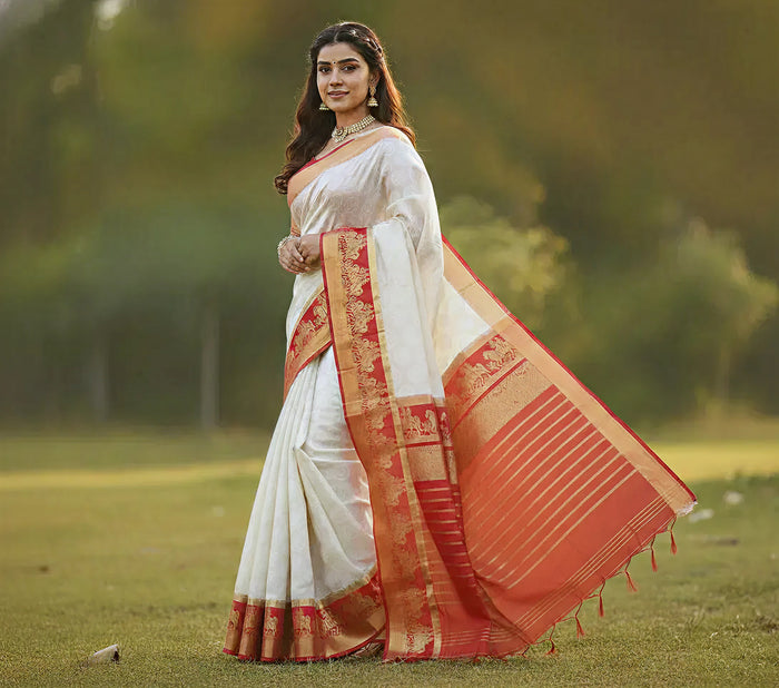 Arresting White Color Kanjivaram Tussar Silk Saree