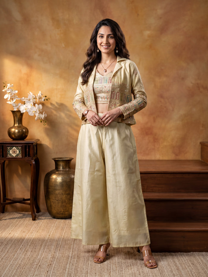 Cream Embroidered Naylon Tissue 3-Piece Suit