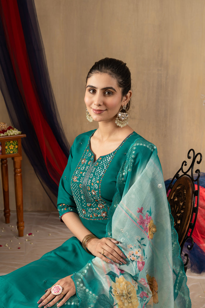 Rama Green Roman Silk Embroidered Kurta Pant Set
