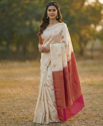 White & Red Jacquard Saree for Women – Classic Festive Elegance