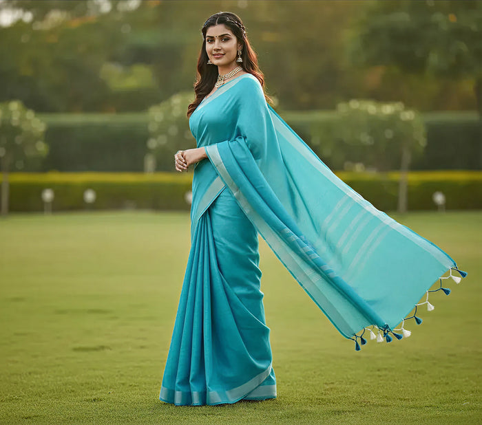Sky Blue Colour Women's Plain Linen Saree With Party Wear