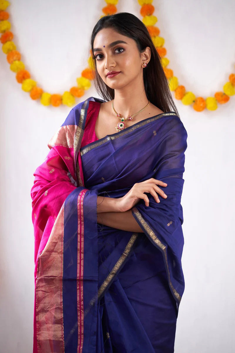 Blue Pink Jacquard Saree