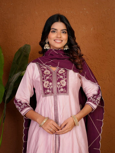 Elegant Pink Roman Silk Anarkali Kurti Set