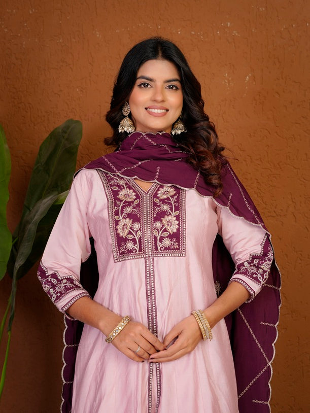 Elegant Pink Roman Silk Anarkali Kurti Set