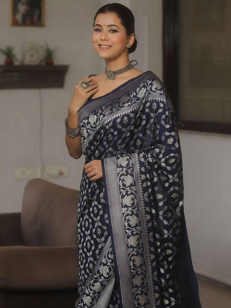 Premium Navy Blue Jacquard Saree