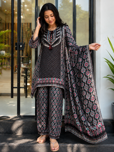 Black Printed Pure Natural Crepe Co-Ord Set