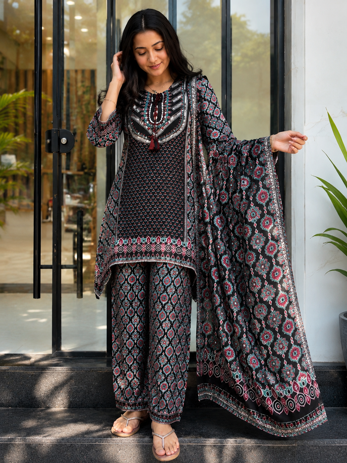 Black Printed Pure Natural Crepe Co-Ord Set