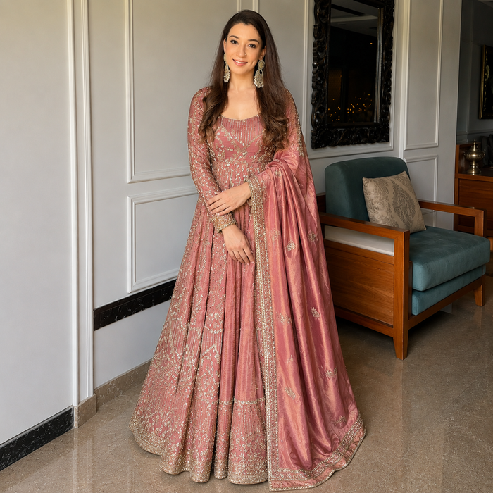 Rose Gold Embroidered Anarkali Gown Set