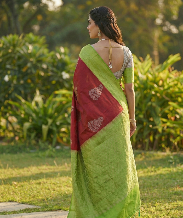 Brick Red Jacquard Saree – Rich Woven Saree for Festive & Wedding Style