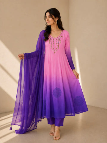 Pink & Royal Purple Embroidered Anarkali Suit Set