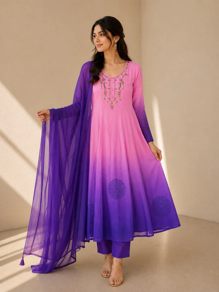 Pink & Royal Purple Embroidered Anarkali Suit Set