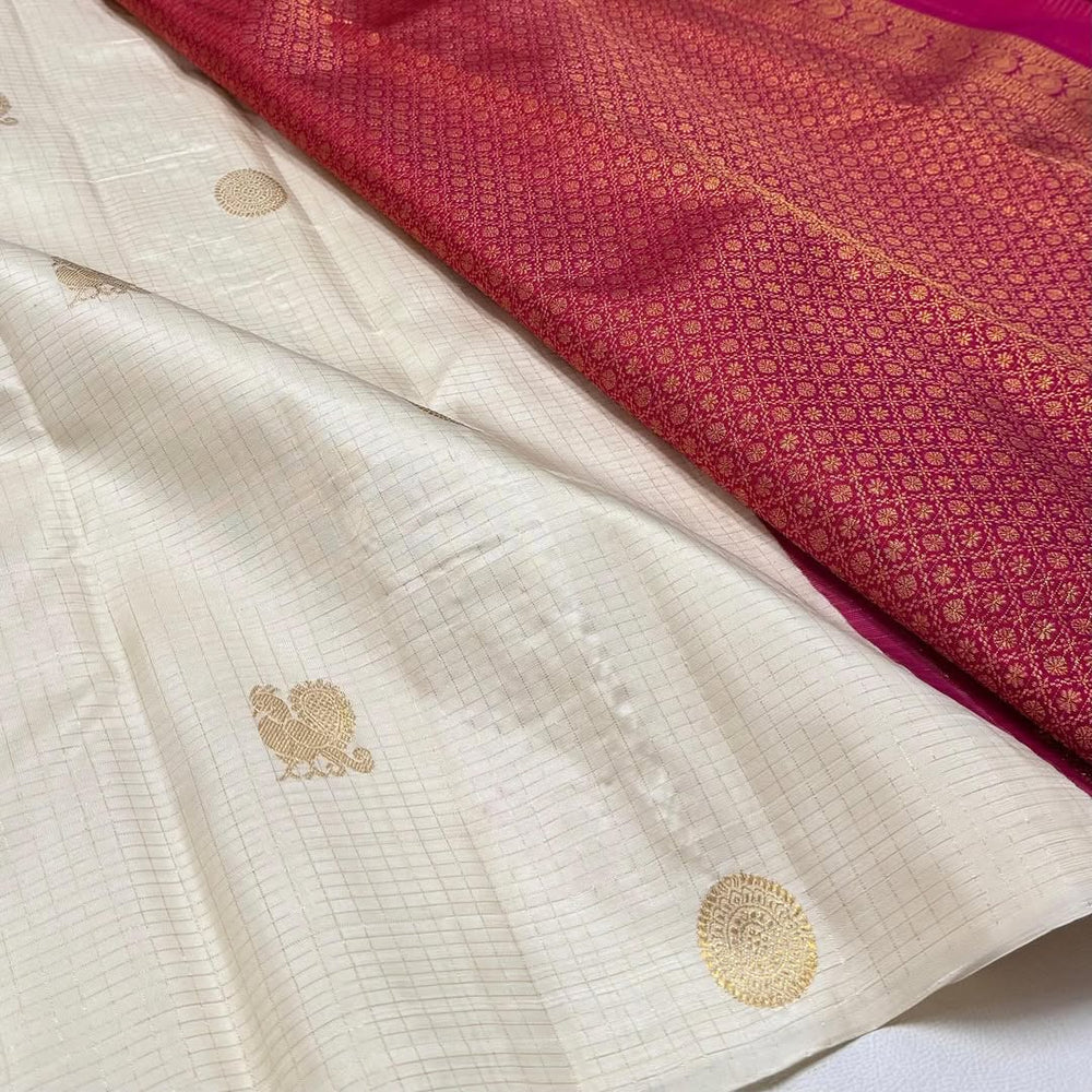White & Red Jacquard Saree