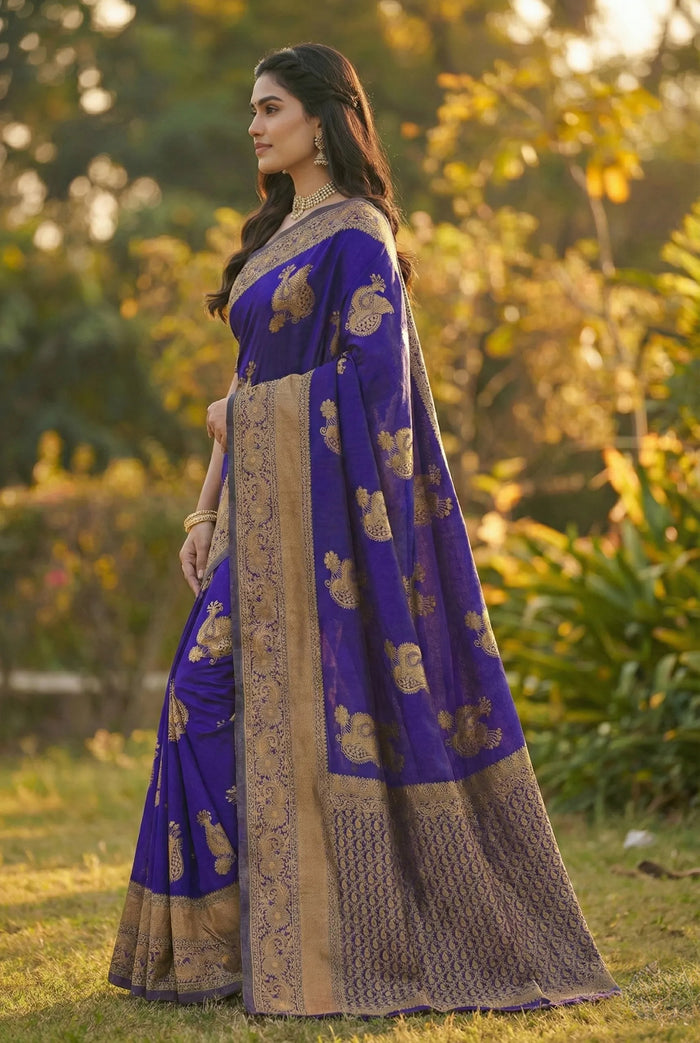 Royal Blue Jacquard Silk Saree with Luxurious Woven Motifs | Premium Festive Elegance