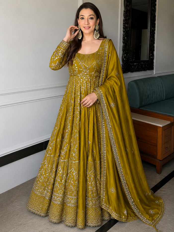 Mustard Embroidered Anarkali Gown Set