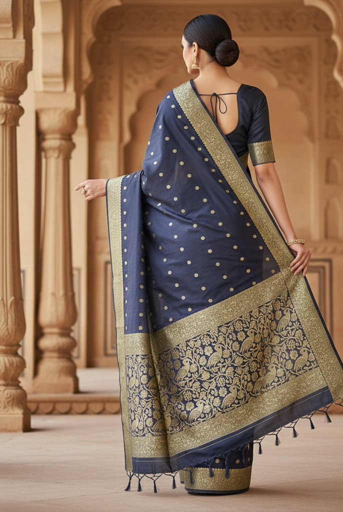 Navy Blue Jacquard Saree for Women – Premium Festive & Elegant Party Wear