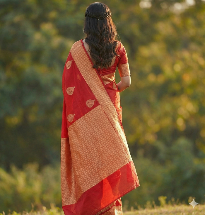 Radiant Red Jacquard Saree – Luxurious Woven Elegance for Festive & Bridal Moments