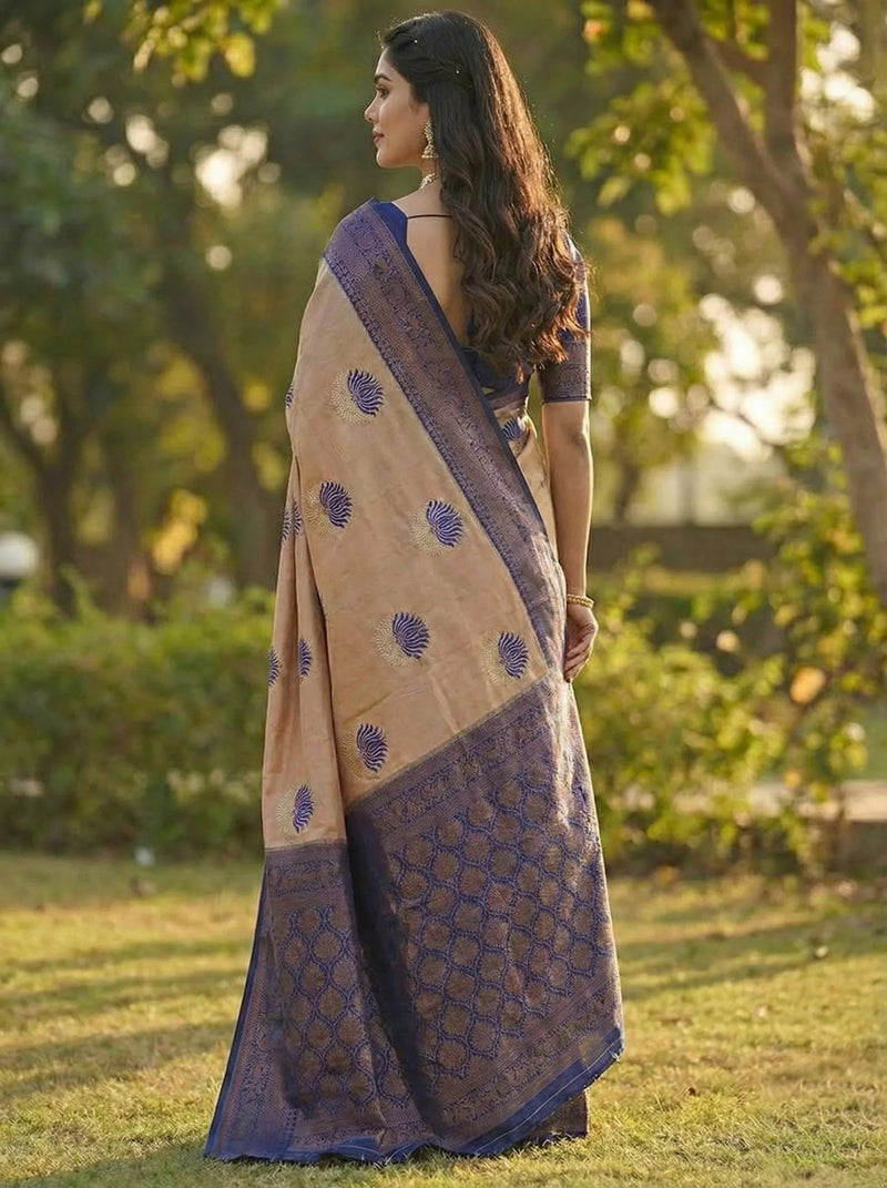 Peach & Navy Blue Dual-Tone Jacquard Silk Saree with Elegant Woven Design