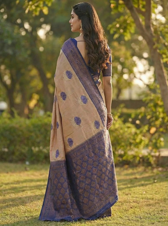 Peach & Navy Blue Dual-Tone Jacquard Silk Saree with Elegant Woven Design