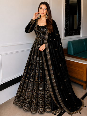 Black Crunchy Silk Embroidered Anarkali Gown Set