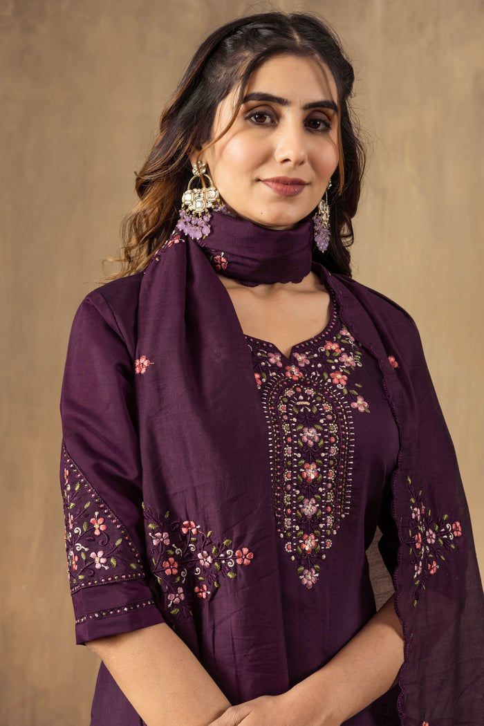 Ruhani Wine Roman Silk Embroidered Kurta Pant Set