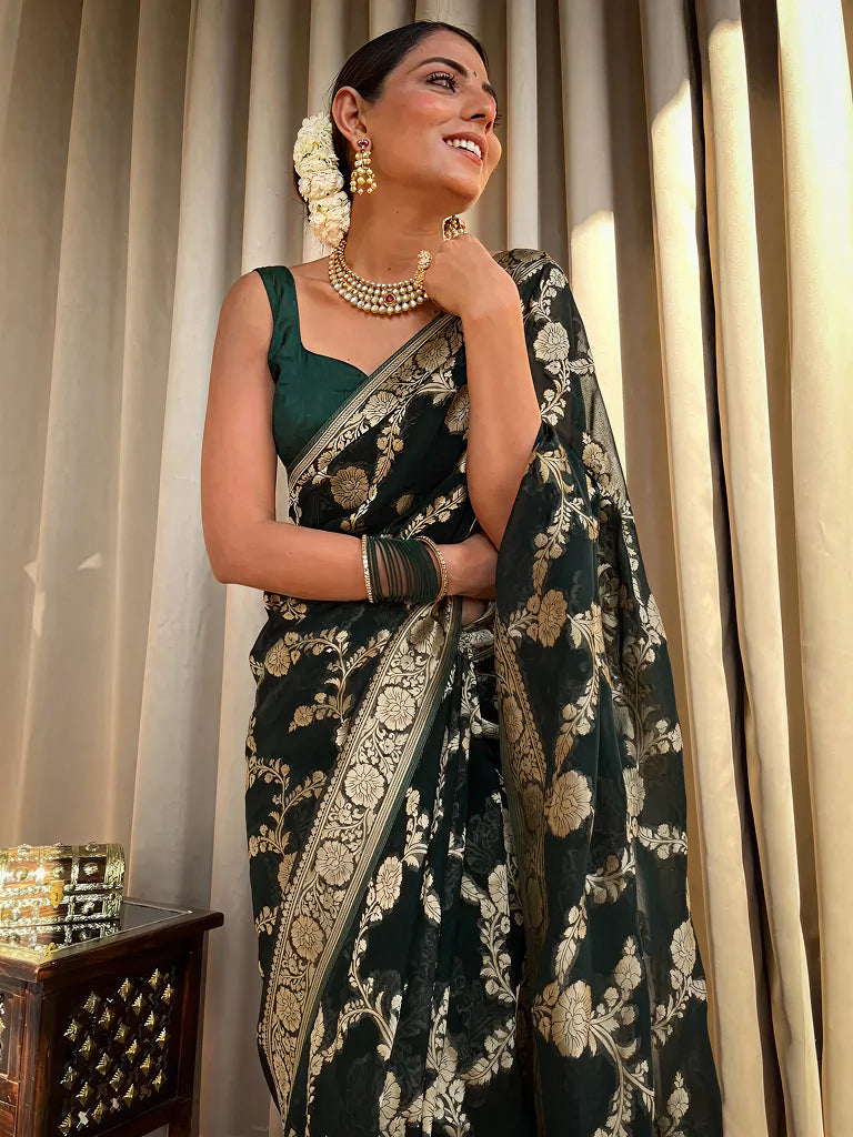 Emerald dark Green Jacquard Saree
