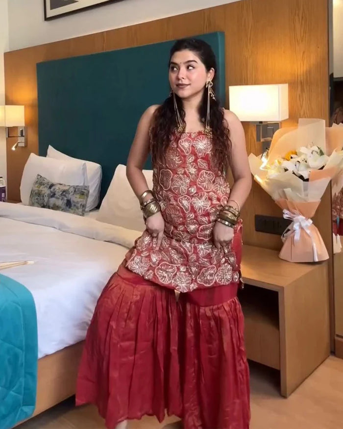 Maroon Simmer Silk Embroidered Sharara Suit Set