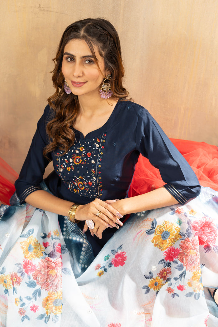 Aarohi Viscose Navy Blue Embroidered Kurta Pant Set