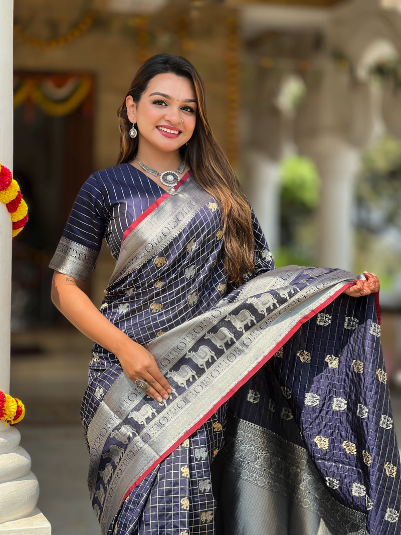 Royal Navy Blue Jacquard Saree