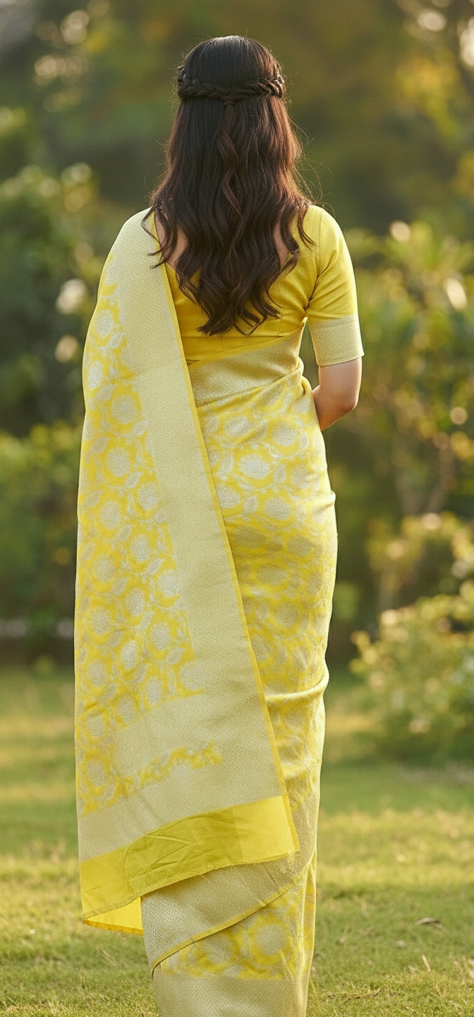 Elegant Light Yellow Jacquard Saree