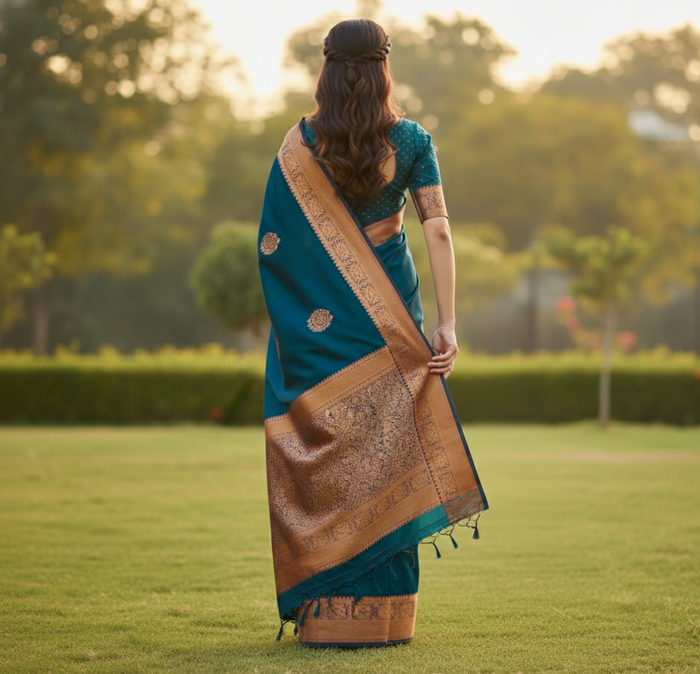 Elegant Teal Blue Jacquard Saree for Timeless Festive & Wedding Style