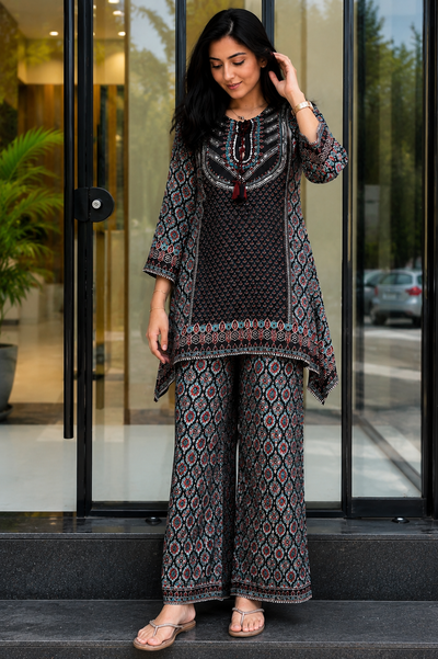 Black Printed Pure Natural Crepe Co-Ord Set