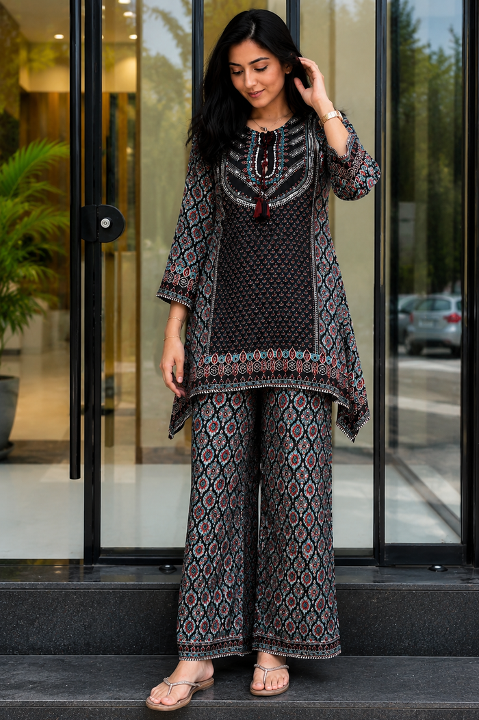 Black Printed Pure Natural Crepe Co-Ord Set