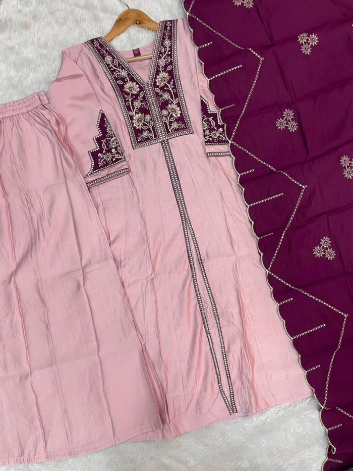 Elegant Pink Roman Silk Anarkali Kurti Set